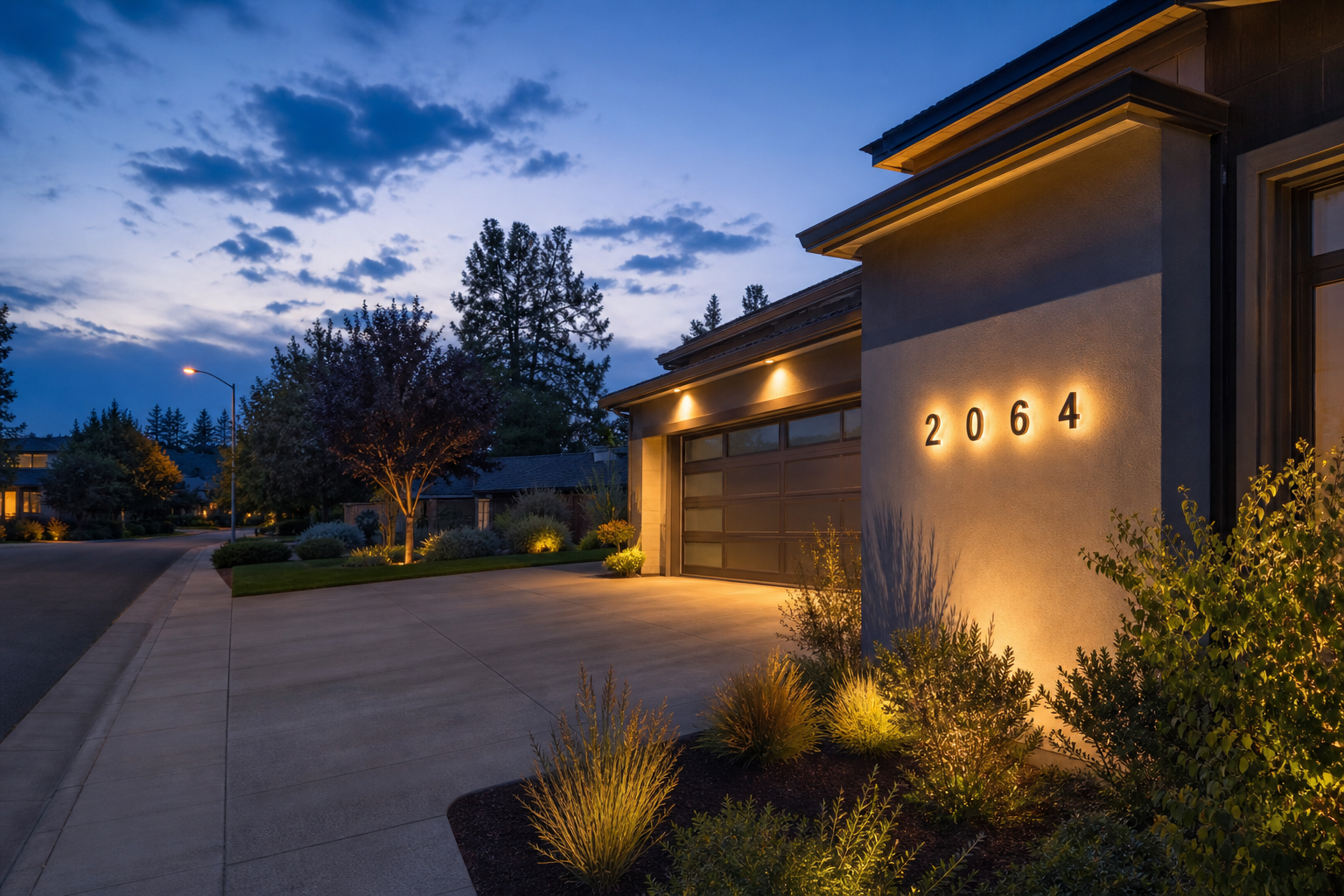 Homeowner arriving at a house with a clearly visible backlit address