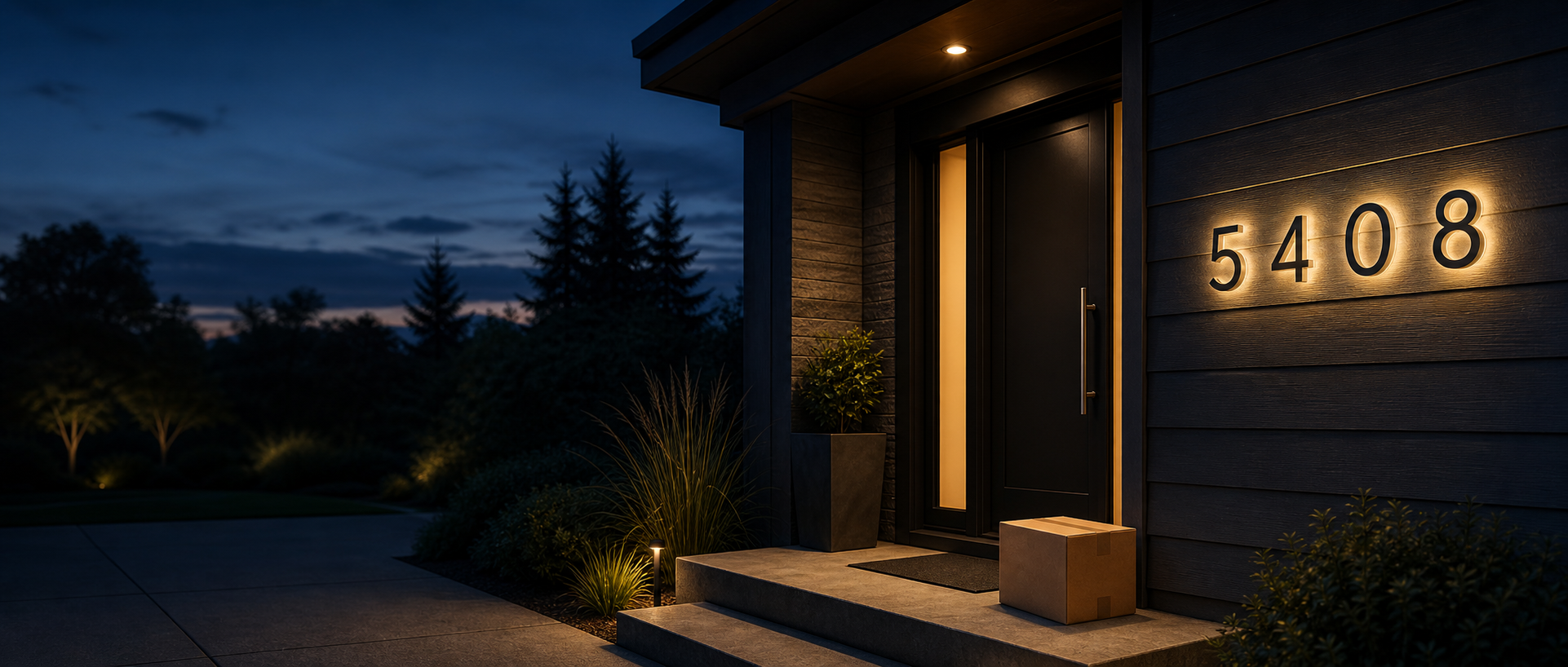 Backlit address numbers on a home entrance at dusk
