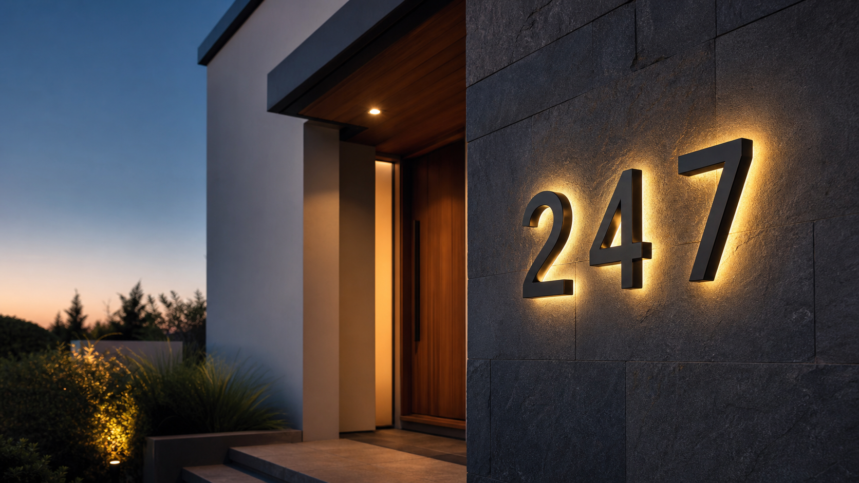 Individual backlit address numbers mounted on a home at dusk