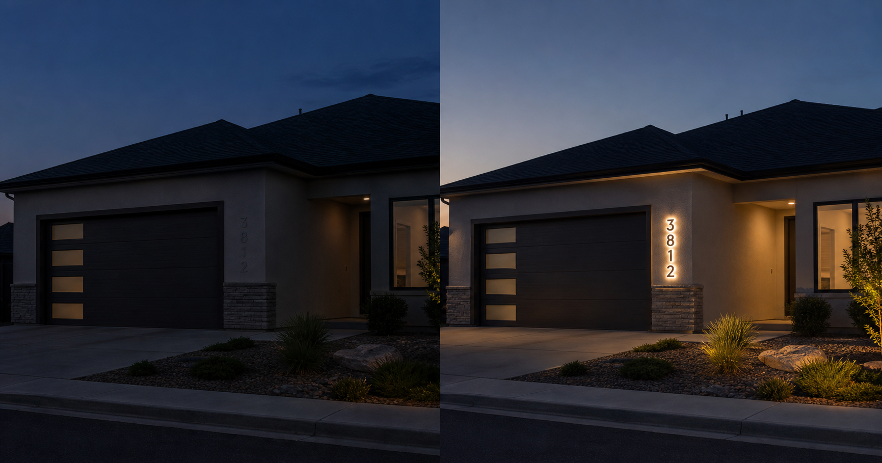 Before and after view of an address at night with backlit numbers